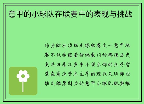 意甲的小球队在联赛中的表现与挑战